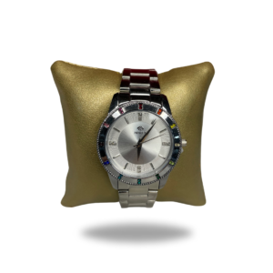 Reloj Mujer Plateado Con Bisel de Circonitas De Colores.